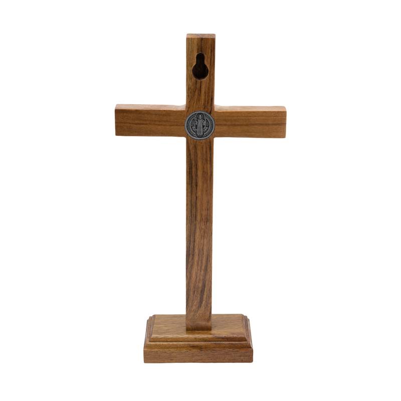 Crucifixo Madeira Tradicional 19cm Mesa Prata Velha C/Sao Bento - Hesed