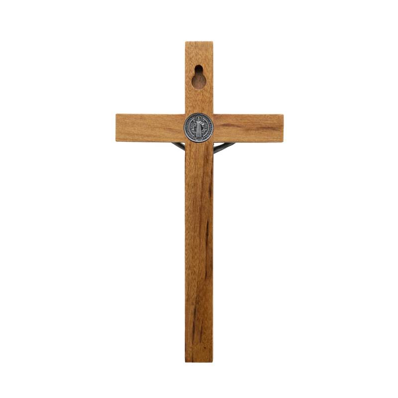 CRUCIFIXO MADEIRA TRADICIONAL 19CM PAREDE ONIX C/ SAO BENTO - HESED