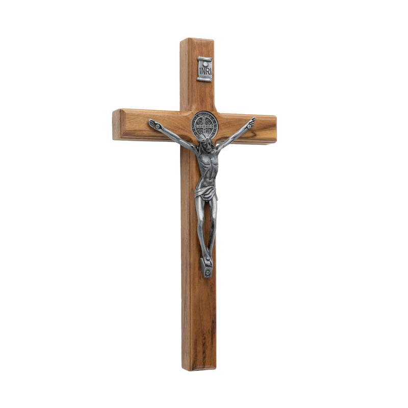 CRUCIFIXO MADEIRA TRADICIONAL 19CM PAREDE ONIX C/ SAO BENTO - HESED