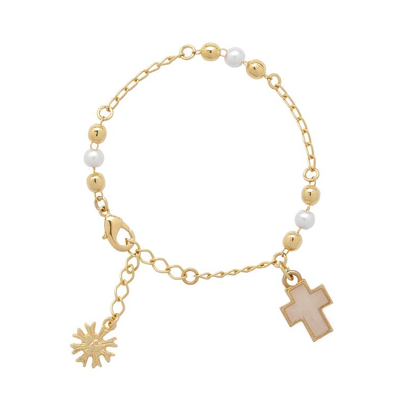 Pulseira Infantil Dourada Perola/Metal C/Cruz - Hesed