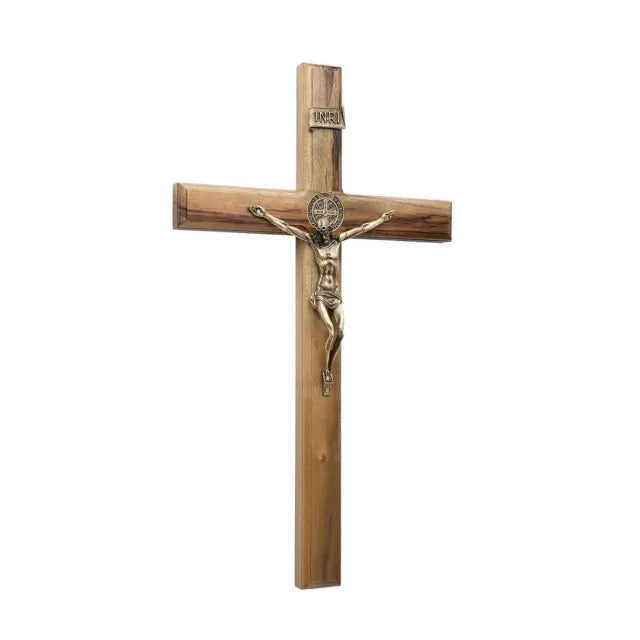 Crucifixo Madeira Tradicional 40cm Parede Ouro Velho C/Sao Bento - Hesed