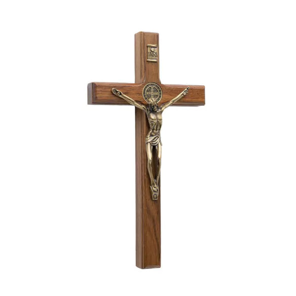 Crucifixo Madeira Tradicional 19cm Parede C/Sao Bento - Hesed