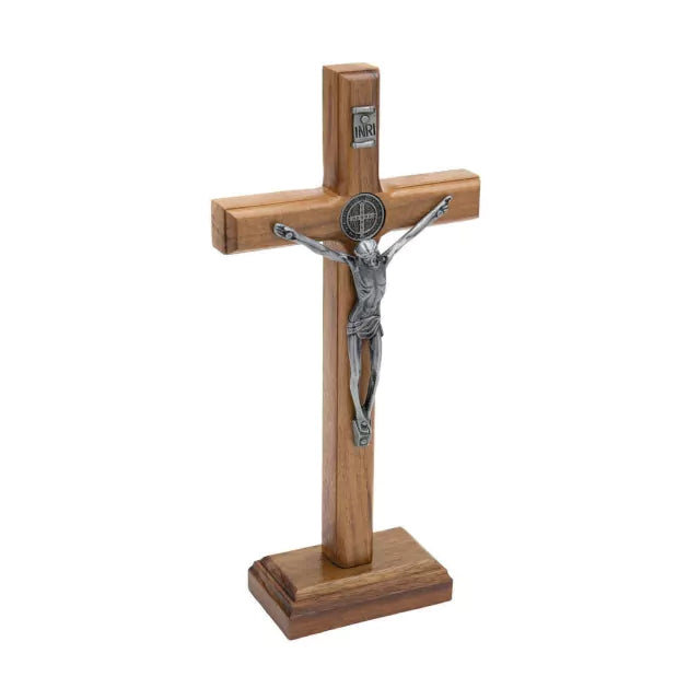 Crucifixo Madeira Tradicional 19cm Mesa Prata Velha C/Sao Bento - Hesed