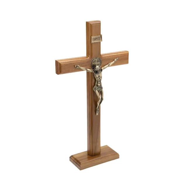 Crucifixo Madeira 35cm Mesa Ouro Velho C/Sao Bento - Hesed